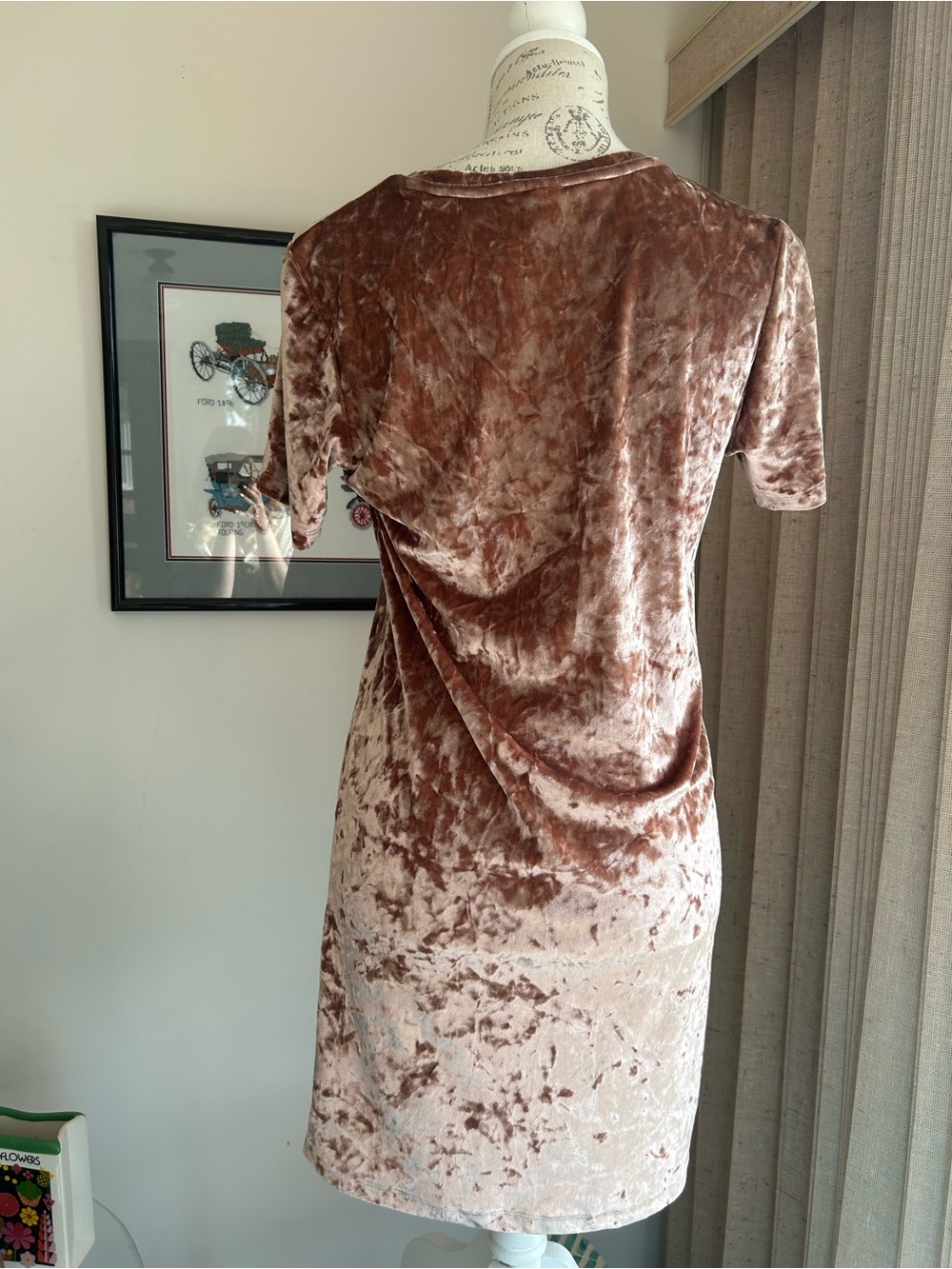 Plush Short-Sleeve Velvet Shift Dress in Mauve Brown - Picture 3 of 4